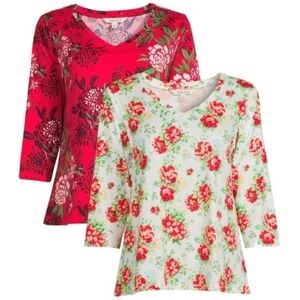 The Pioneer Women 2-pack White & Burgundy Floral V-Neck 3/4 Sleeve Tees XL EUC